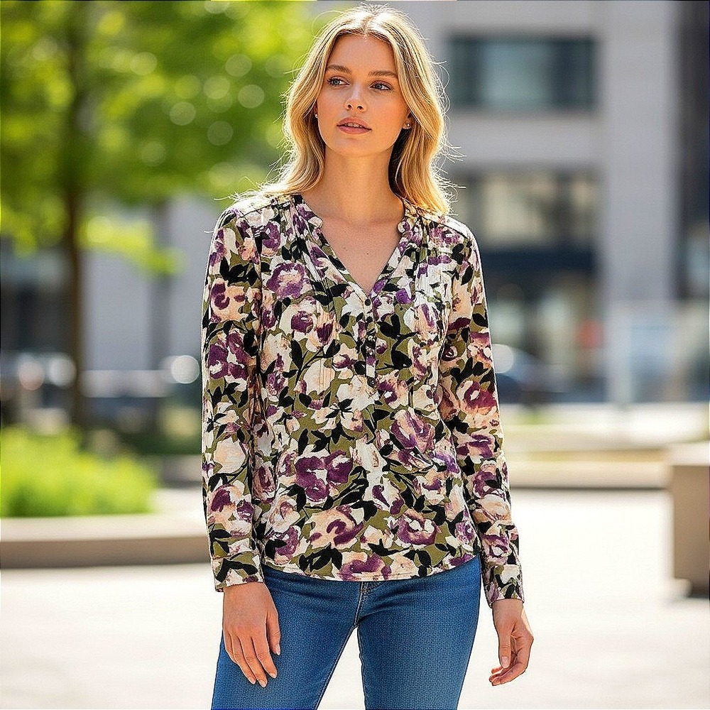Simply Vera Vera Wang Floral Pintuck V-Neck Blouse Purple Olive Green Small